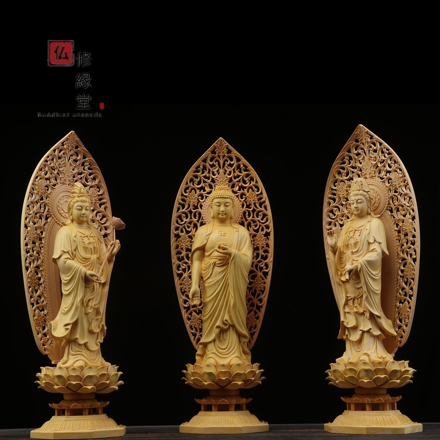 修縁堂】木彫り 仏像 阿弥陀三尊立像 彫刻 仏教工芸品 柘植材 ご利益 