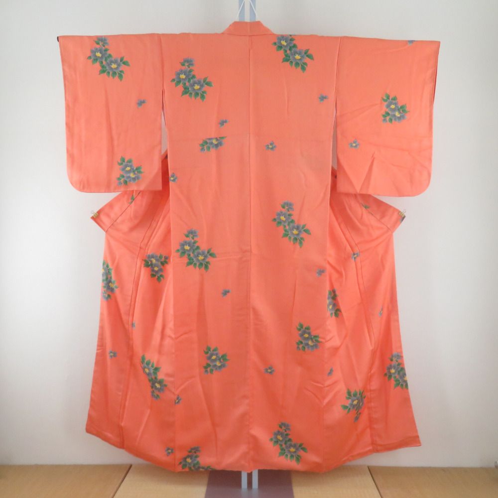 子供着物 オレンジ色x緑色 バチ衿 花模様 女児用 絹 身丈151cm - メルカリ