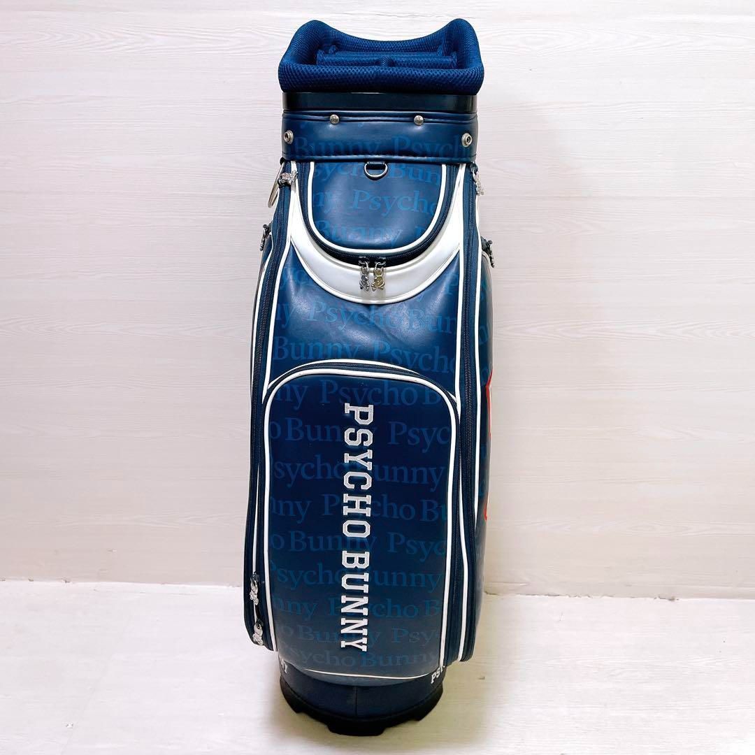 良品 PSYCHO BUNNYサイコバニー キャディバッグ 9.5型 総柄 紺