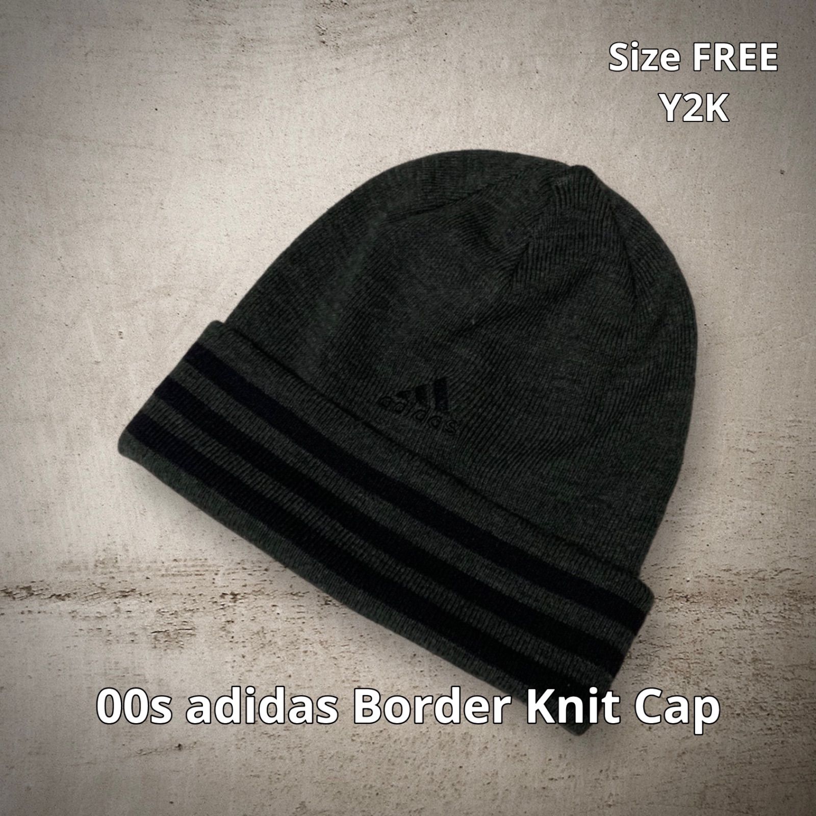 00s adidas Border Knit Cap アディダス ボーダーニットキャップ ブラック グレー フリーサイズ 2WAY ロゴ刺繍  パフォーマンスロゴ Y2K ストリート スケーター