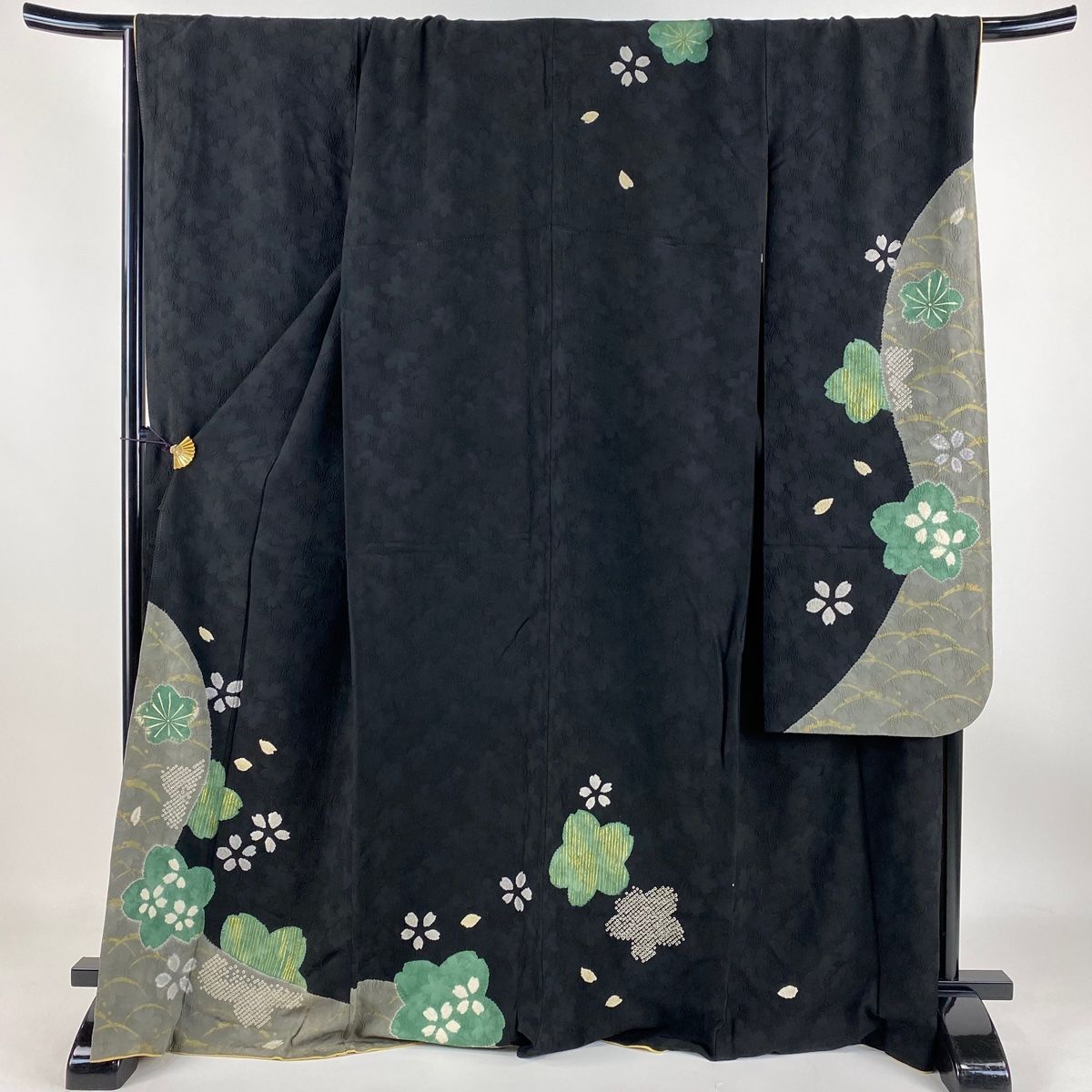 振袖 身丈168cm 裄丈70.5cm L 袷 桜 雪芝 絞り 金彩 黒 正絹 名品