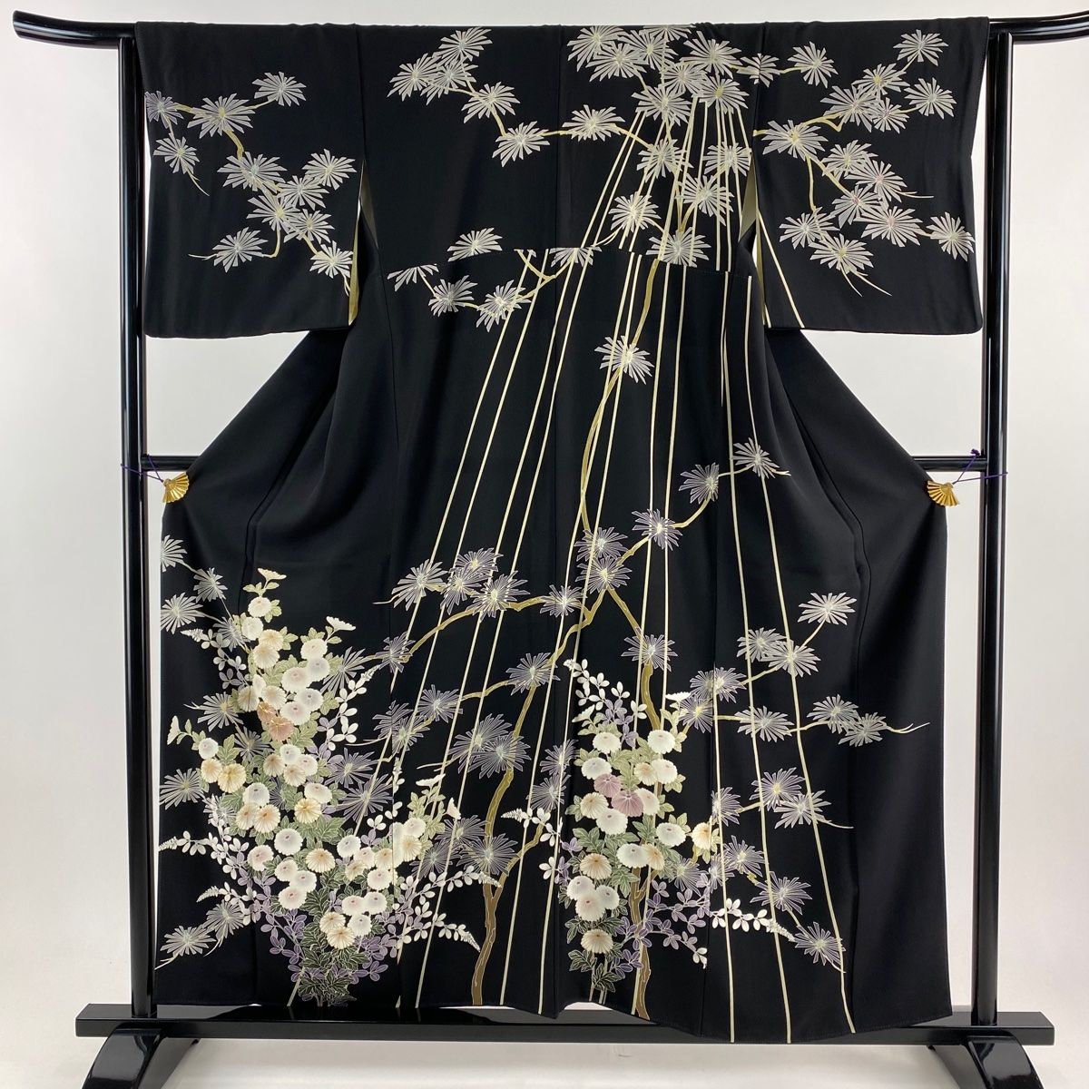 訪問着 身丈156.5cm 裄丈64cm M 袷 菊 若松 金糸 金彩 黒 正絹 美品  