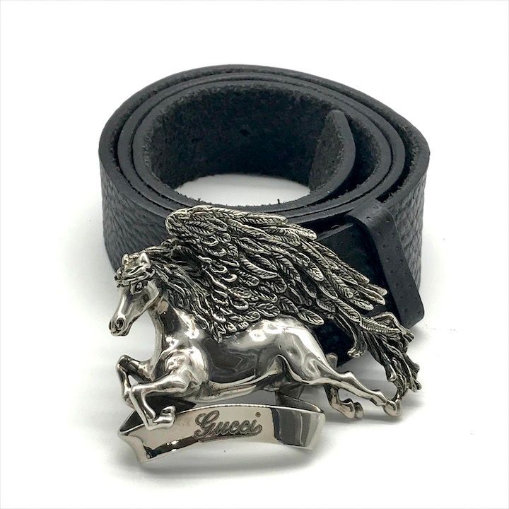 GUCCI グッチ ベルト ペガサス バックル 90-36 ブラック レザー ロゴ シルバー金具 メンズ 服飾小物 ファッション r104