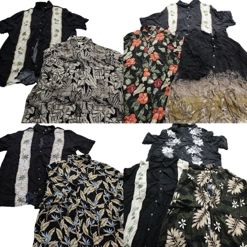 古着卸 黒ボディ アロハシャツ 半袖シャツ 10枚セット メンズ 3XL ハイビスカス ボーダーパターン 古着 NA3191