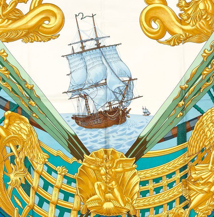 HERMÈS 1995年シルクスカーフ 舵と帆船デザイン