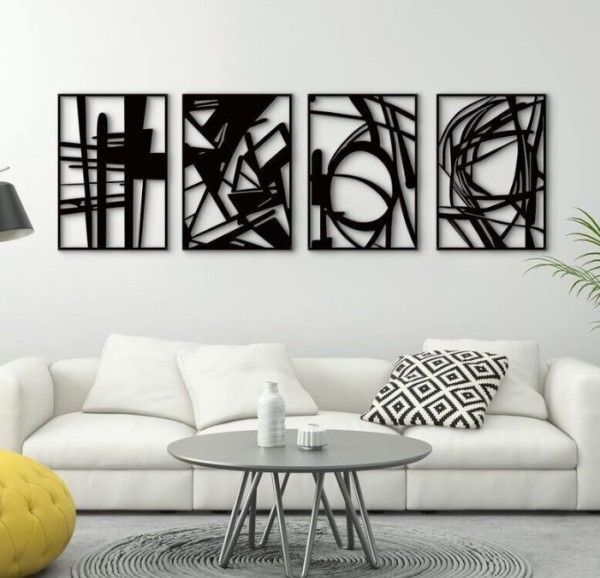 壁飾り インテリア ウォールデコ ウォールアート 壁面装飾 ウォールオーナメント 吊り下げ式 アートデコレーション メタル 金属製 4点セット 幾何学模様 ブラック お洒落 おしゃれ クール 玄関 リビングルーム ダイニング 寝室 書斎 廊下 オフィス