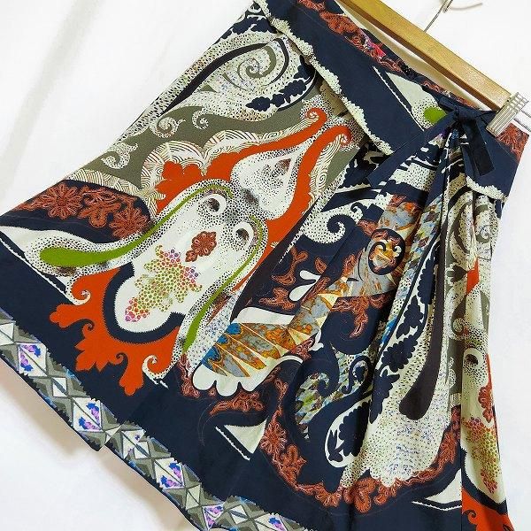 anc エトロ ETRO スカート 40 紺 オレンジ マルチ タック リボン  