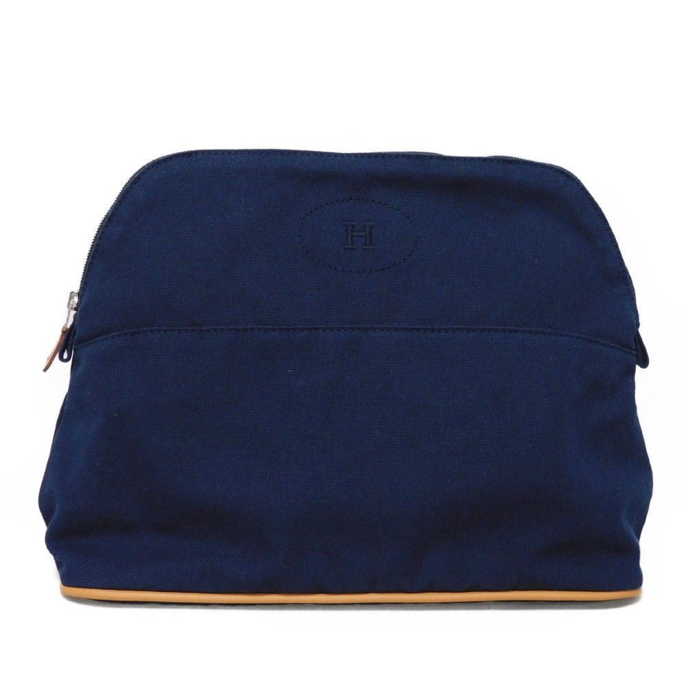 HERMES エルメス ボリード ポーチ 30 GM 刺繍 ダークブルー キャンバス セカンドバッグ Hマーク コットン ネイビー クラッチバッグ