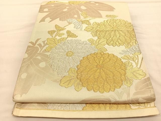 ◆909◆六通柄　袋帯　明綴　プラチナ箔　流水に白菊と若松　着物帯　和装着物 ◇909◇六通柄 袋帯 明綴 プラチナ箔 流水に白菊と若松