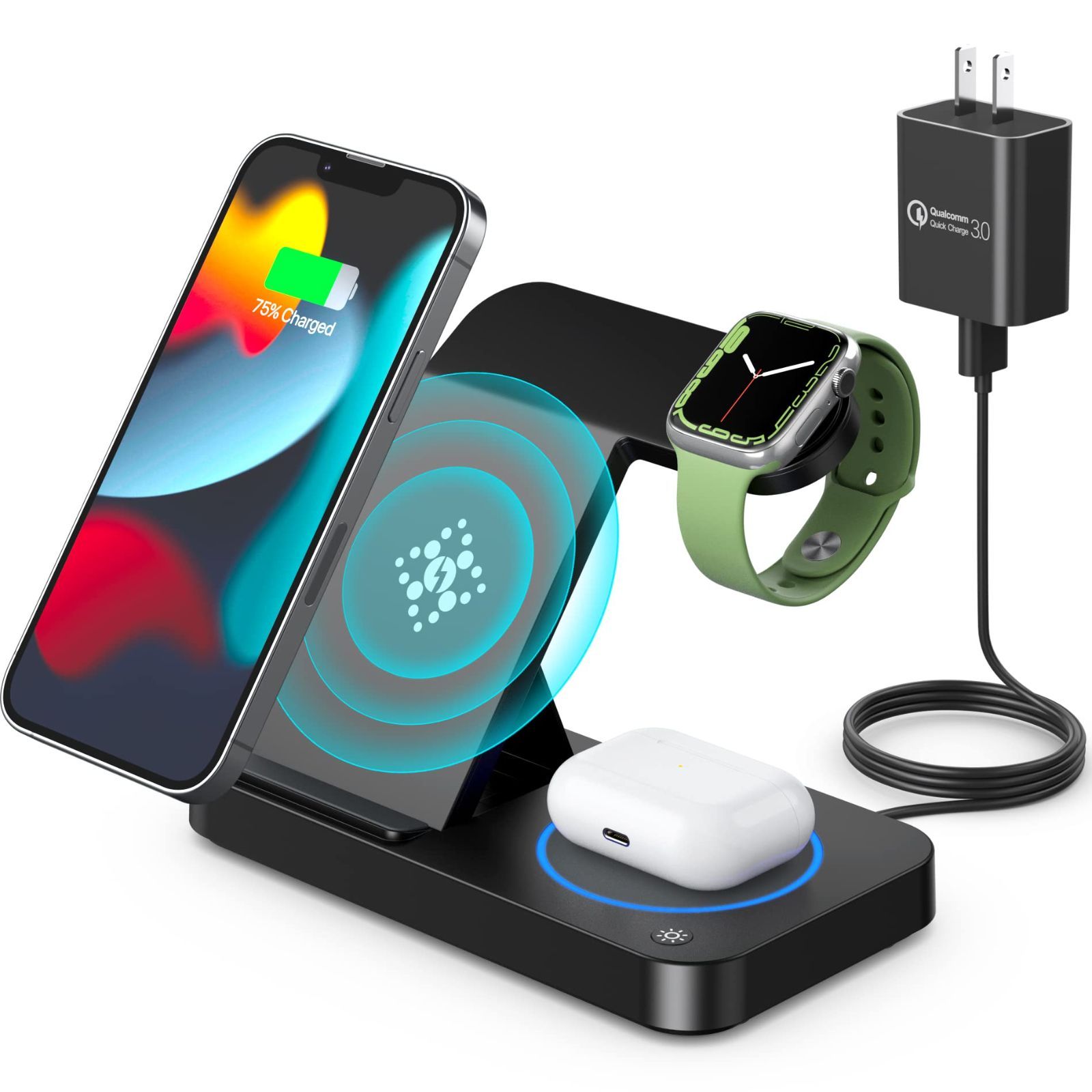 15W急速充電ワイヤレス充電器 3in1 インテリジェントワイヤレス充電ステーション Qi認証 (黒い)Apple Watch 充電スタンド 18Wアダプター付属 PSE認証済 Qiスマホ機種全対応 iPhone 14 / 13 / mini/Pro/P