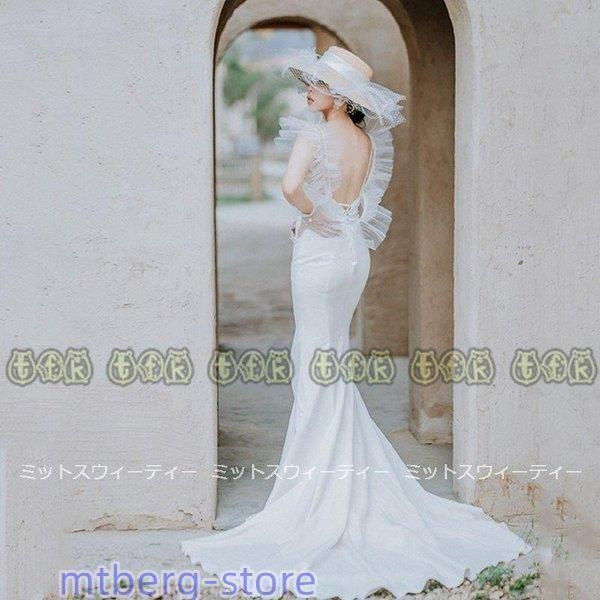 ウエディングドレス ロングドレス ソフトマーメイド 結婚式 二次会 花嫁 白 ブライダル パーティードレス 挙式 披露宴 演奏会 フォトウェディング 背中開き