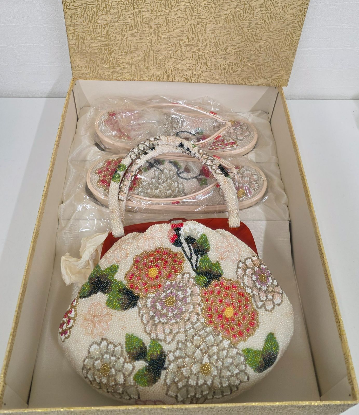 B-809 和装 ビーズバッグ＆草履セット 花柄 ハンドバッグ 草履23cm 和装小物