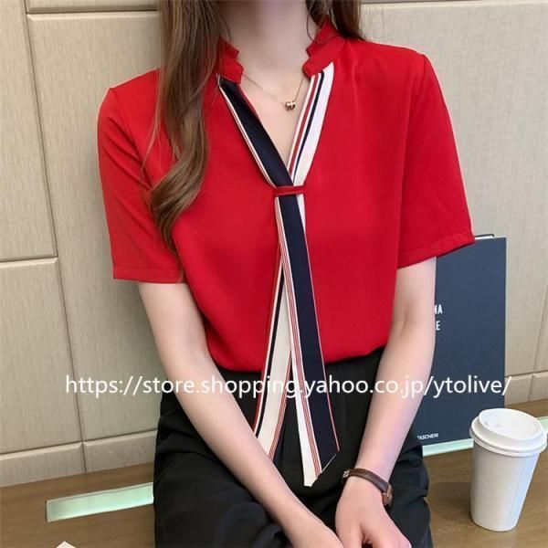 ブラウス シフォン シャツ スキッパー リボン トップス 半袖 レディース 春夏 オフィス 配色ボウタイブラウス ブラウス シフォン シャツ スキッパー リボン トップス 半袖