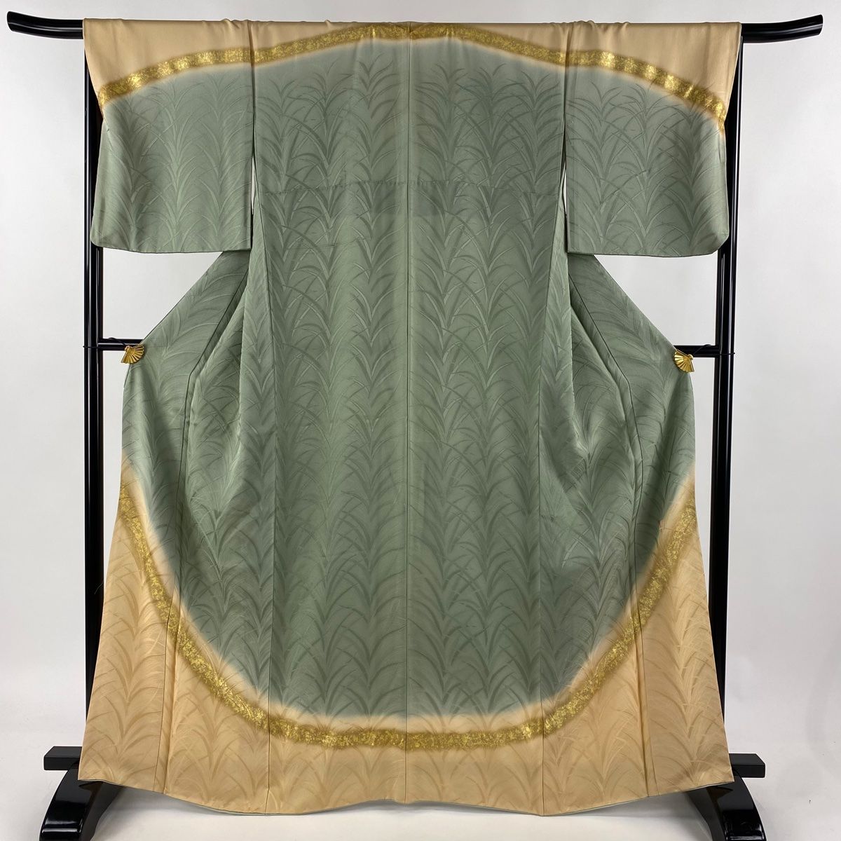 訪問着 身丈165.5cm 裄丈68cm L 袷 北出与三郎 落款 葉柄 金彩 染め分け 灰緑 正絹