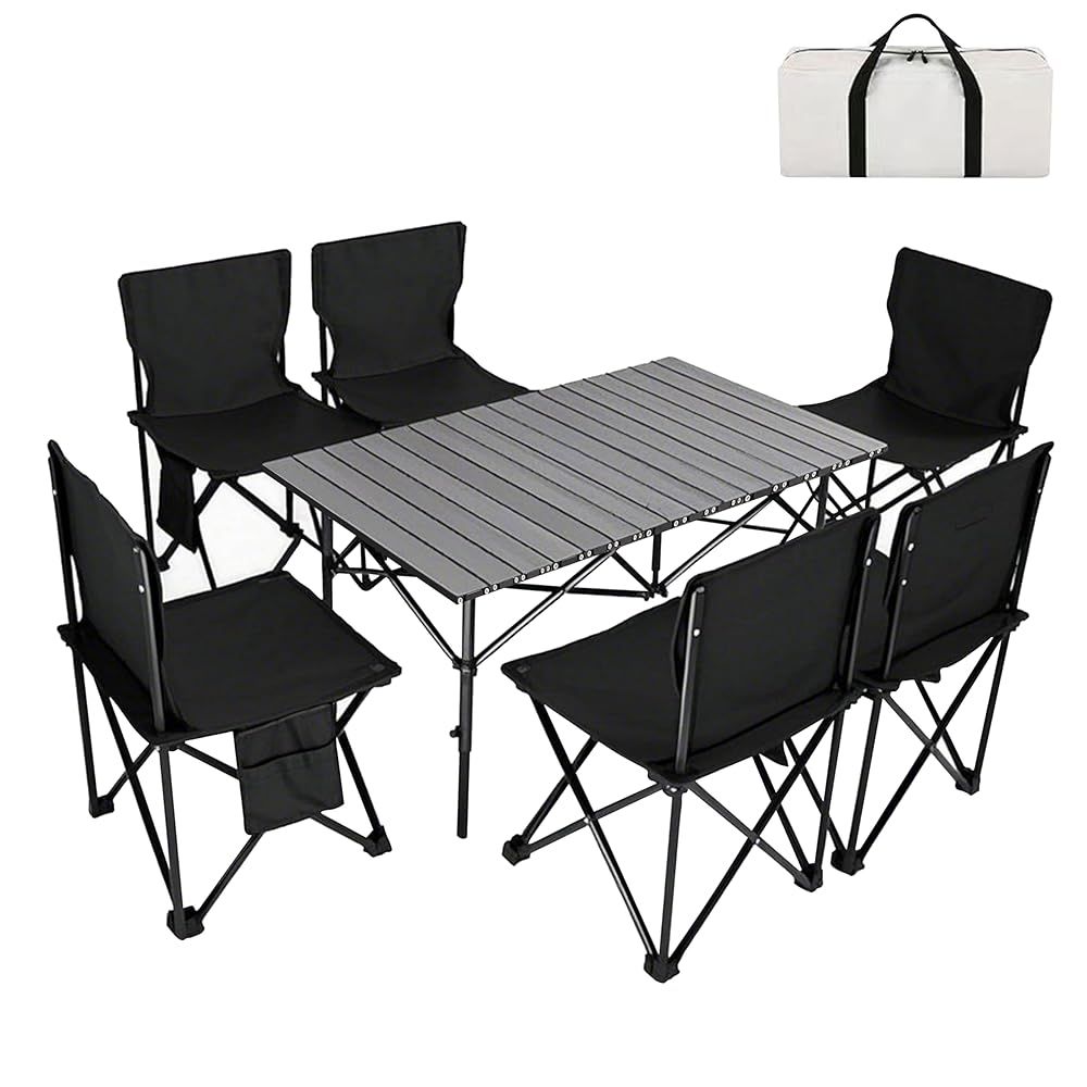 外箱なし アウトドアテーブル チェアセット 57cm×95cm×50cm ピクニックテーブル 収納バッグ付き ブラック 7点セット
