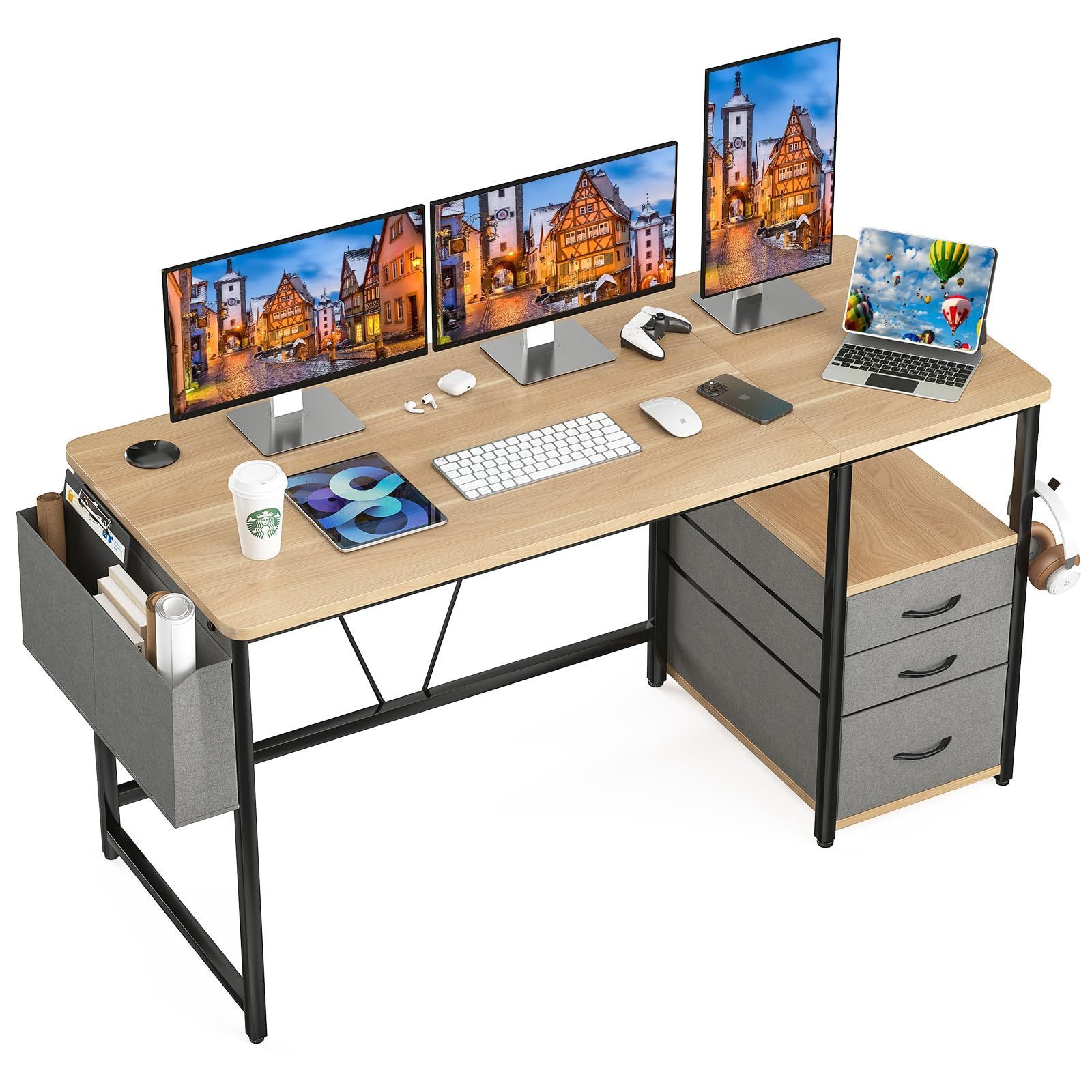 在庫 ドリンクホルダー 勉強机 デスク デスク 引き出し付き 在宅ワーク 机 幅140cm×奥行60cm 作業机 ラック付きpcデスク パソコンデスク テレワーク Sunon