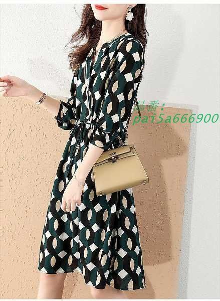 プリントワンピース 長袖 大人スタイル ひざ下丈 ビジネス 大きいサイズ有りSからXXLほっそり効果大通勤通学20代30代40代50代60代 pai5a666900