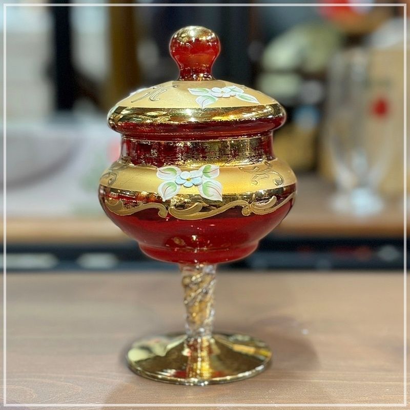 ベネチアングラス　グリーン金彩 キャンディーポット　蓋付き 小物入れ イタリア ヴェネチアングラス 赤金彩 高さ17cm キャンディポット 蓋付き