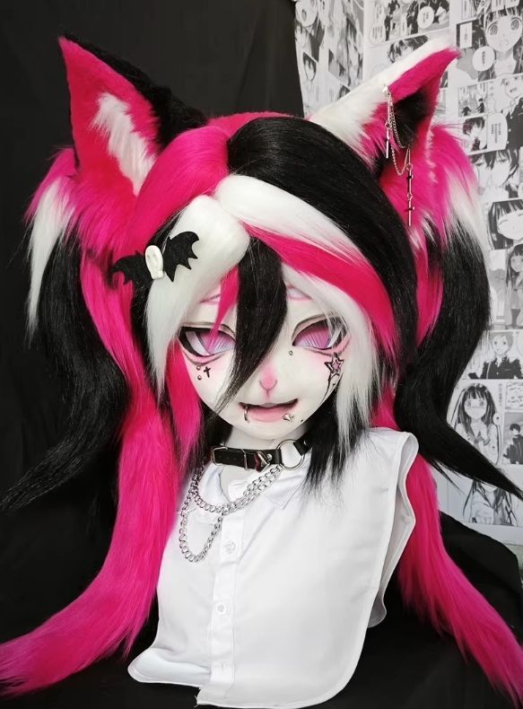 着ぐるみヘッド kigurumi NO.75 猫 ピンク ブラック ファースーツ 全頭ヘッド ケモノ マスク ぬいぐるみ コスプレ コスチューム 一点物