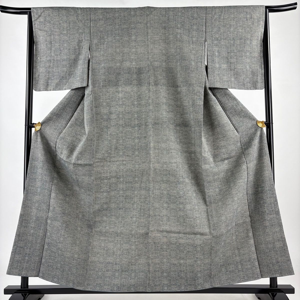 紬 身丈156.5cm 裄丈64cm M 袷 やまと 証紙 亀甲 花 灰緑 正絹 秀品