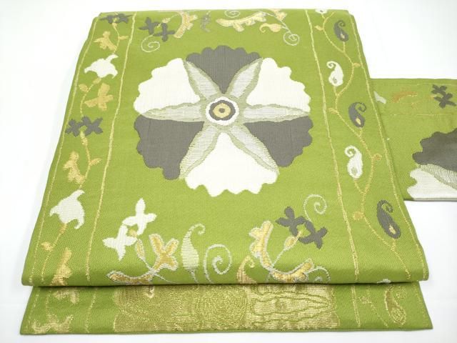 平和屋着物□極上 洛風林 工芸帯地 九寸名古屋帯 花唐草文 青丹