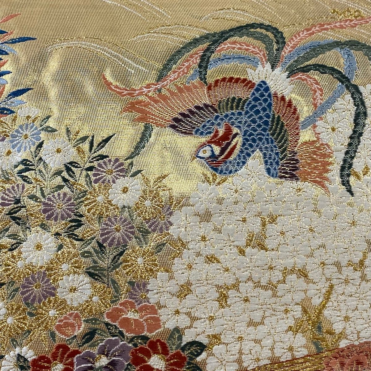 未使用品 正絹 袋帯 尾長鳥 模様 織出し袋帯 袋帯 美品 秀品 草花 尾長鳥 箔 金糸 金色 六通 正絹 【中古