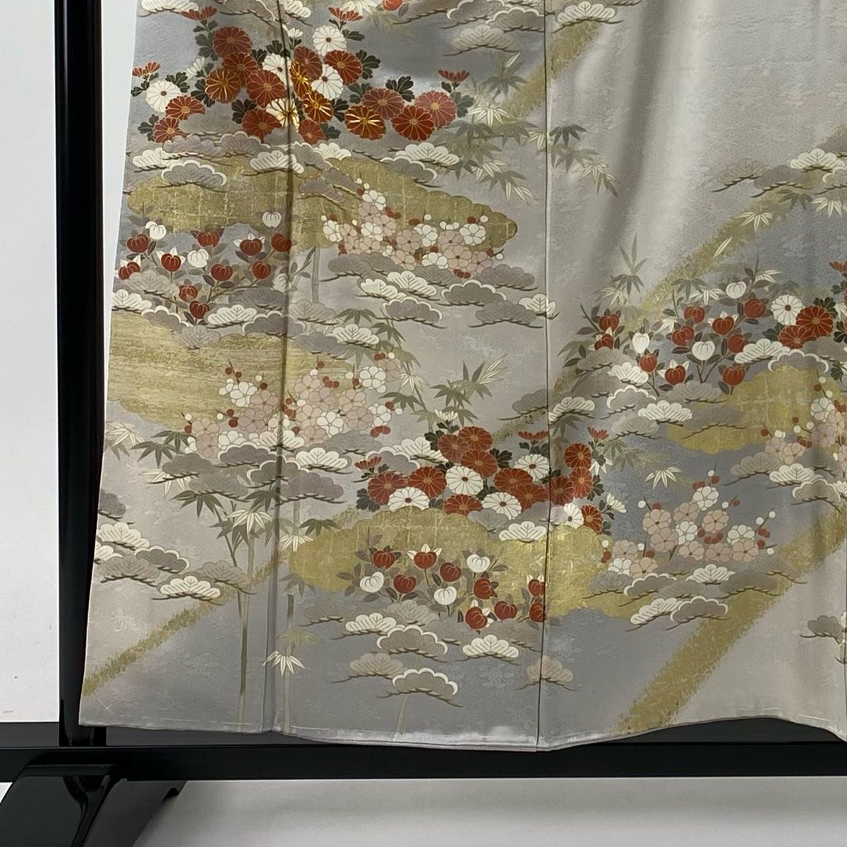 訪問着 身丈157.5cm 裄丈62.5cm S 袷 松竹梅 菊 金糸 金彩 灰色 正絹  