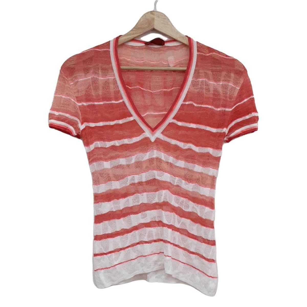 MISSONI - MISSONI(ミッソーニ) 半袖セーター レディース美品  - オレンジ×白×マルチ Vネック/ボーダー MISSONI(ミッソーニ) 半袖セーター レディース美品 - オレンジ