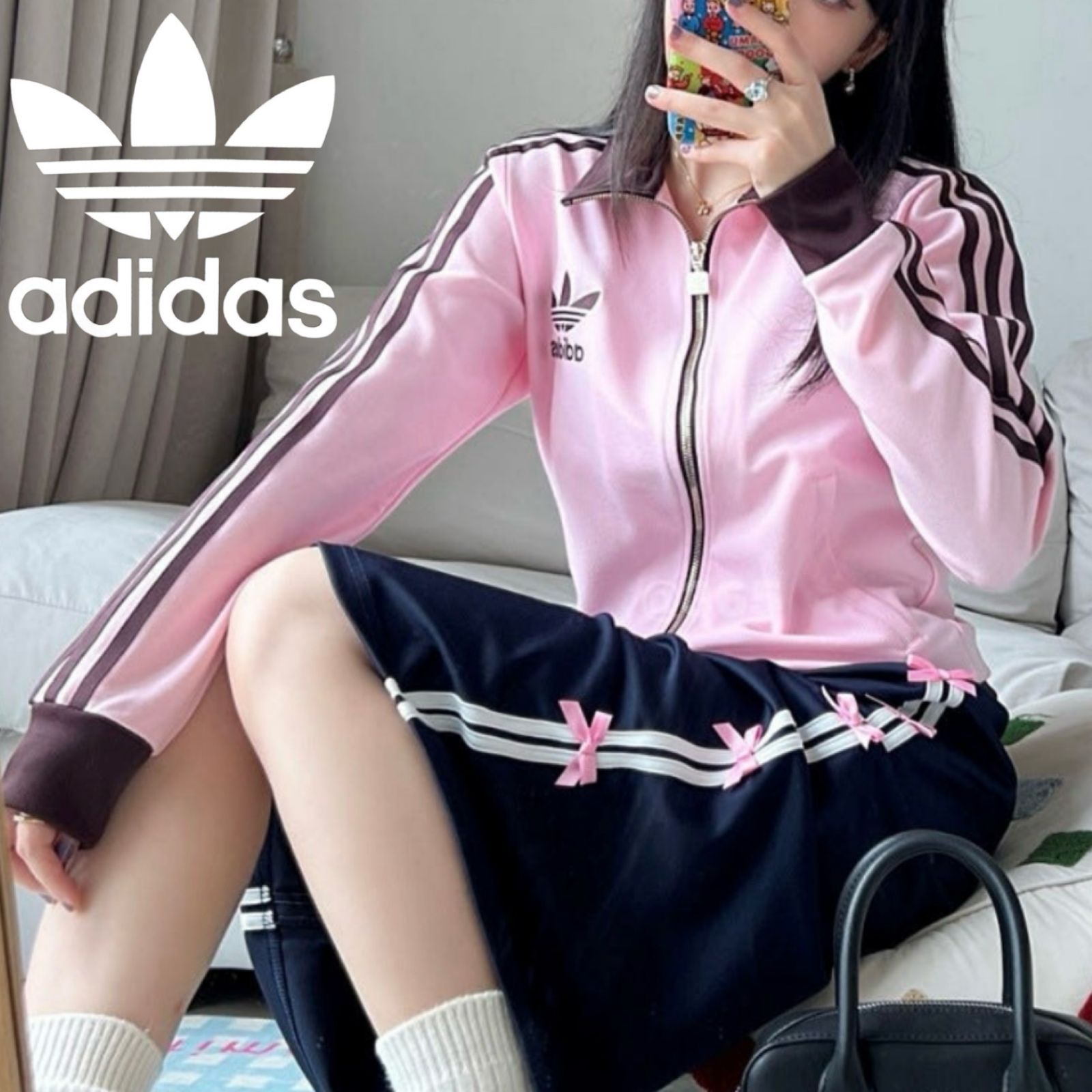 adidas ピンク 茶色 ストライプジャージ 韓国 新品XL⭐️韓国限定 adidas トラックジャケット/ジャージ 刺繍トレ