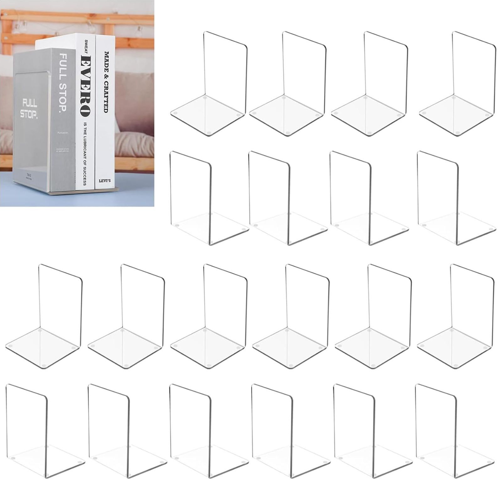 在庫処分 18cm 丈夫な本用ブックストッパー x 装飾 ブックホルダースタンド オーガナイザー 12cm 透明本立て 棚用 20個 10組 アクリルブックエンド MerryNine