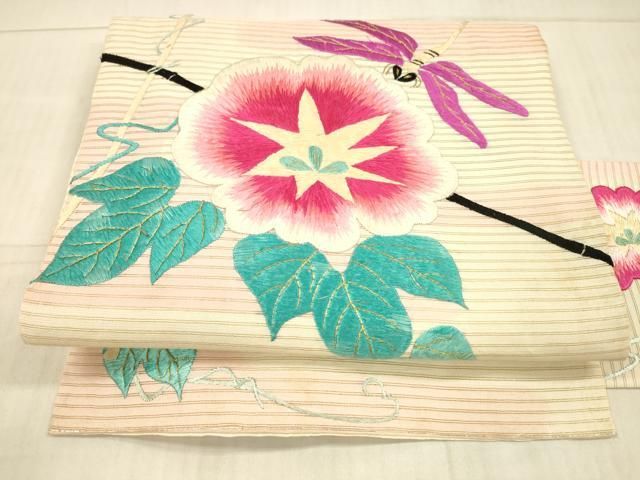 平和屋着物＊夏物 アンティーク 大正ロマン 九寸名古屋帯 総刺繍 朝顔 蜻蛉 金糸 正絹 DAAX5671cm