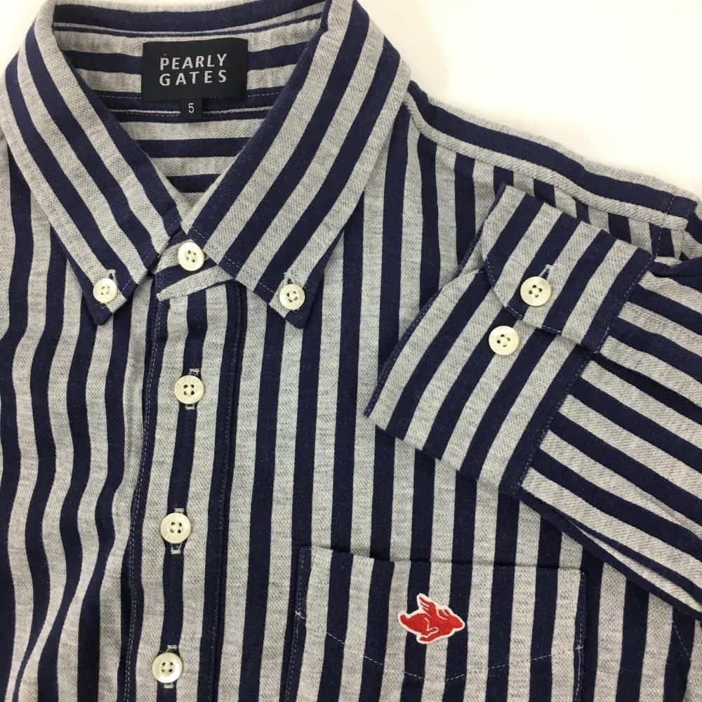 パーリーゲイツ 長袖ポロシャツ グレー×ネイビー ストライプ ボタン