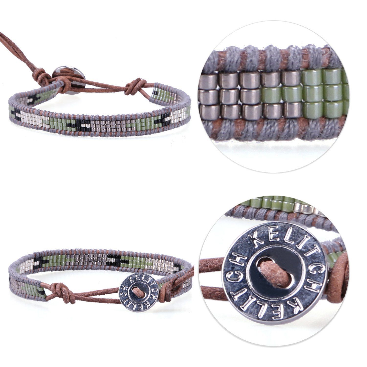  シングル ラップ レザー ブレスレット ビーズ 革紐 KELITCH バングル 手作り 腕輪 -E ブレスレット アクセサリー