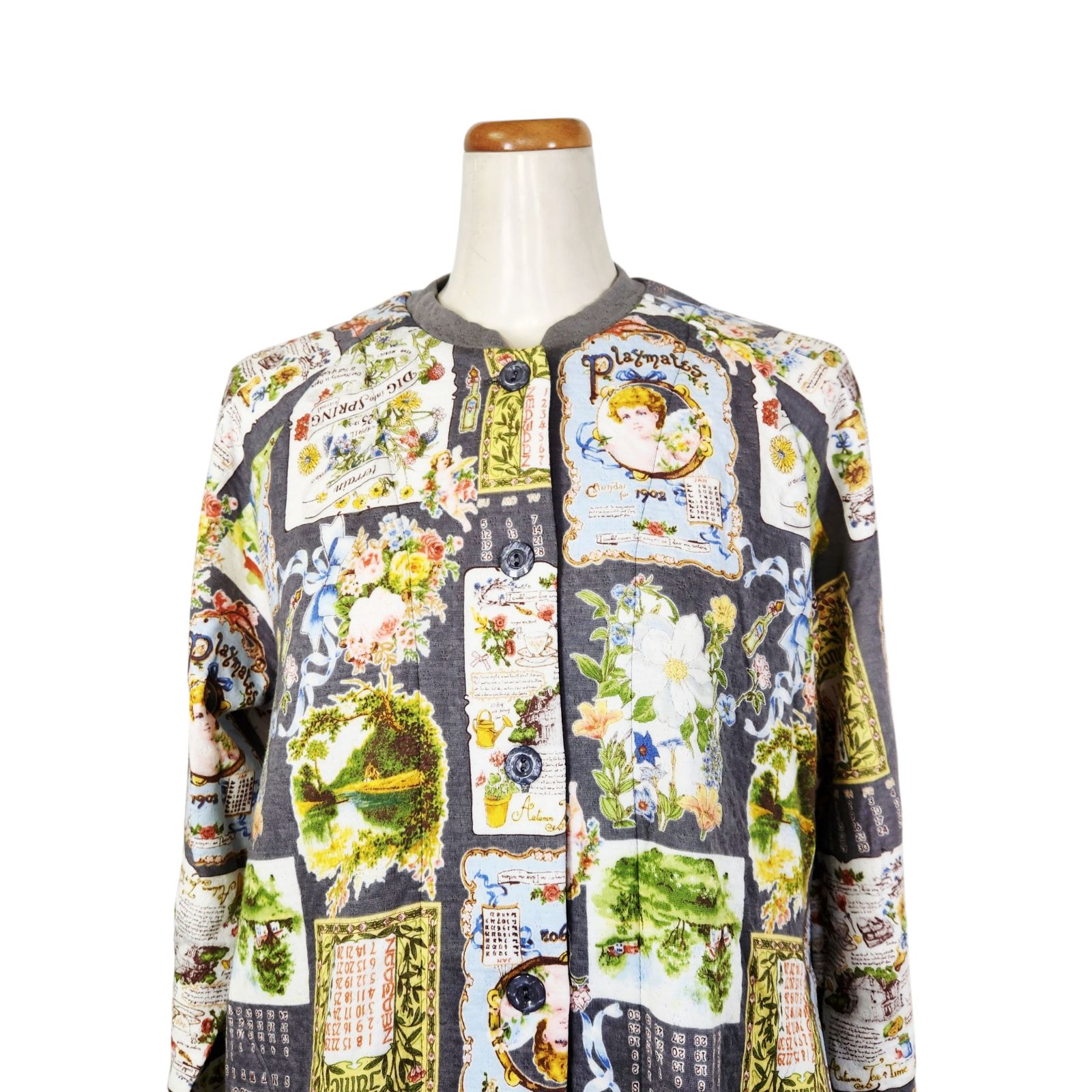 鴨居羊子パジャマ ♥ TUNIC 秋 冬物 長袖丸首全開パジャマ キャットキルト カレンダー グレー色 46500 日本製