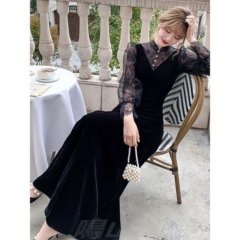 ロング丈チャイナ風レースワンピース黒 感 長袖 Aライン 高腰 エレガント XS～3XL レディース 春秋フォーマル ドレスWP 109 MAAHADDERANG_COM