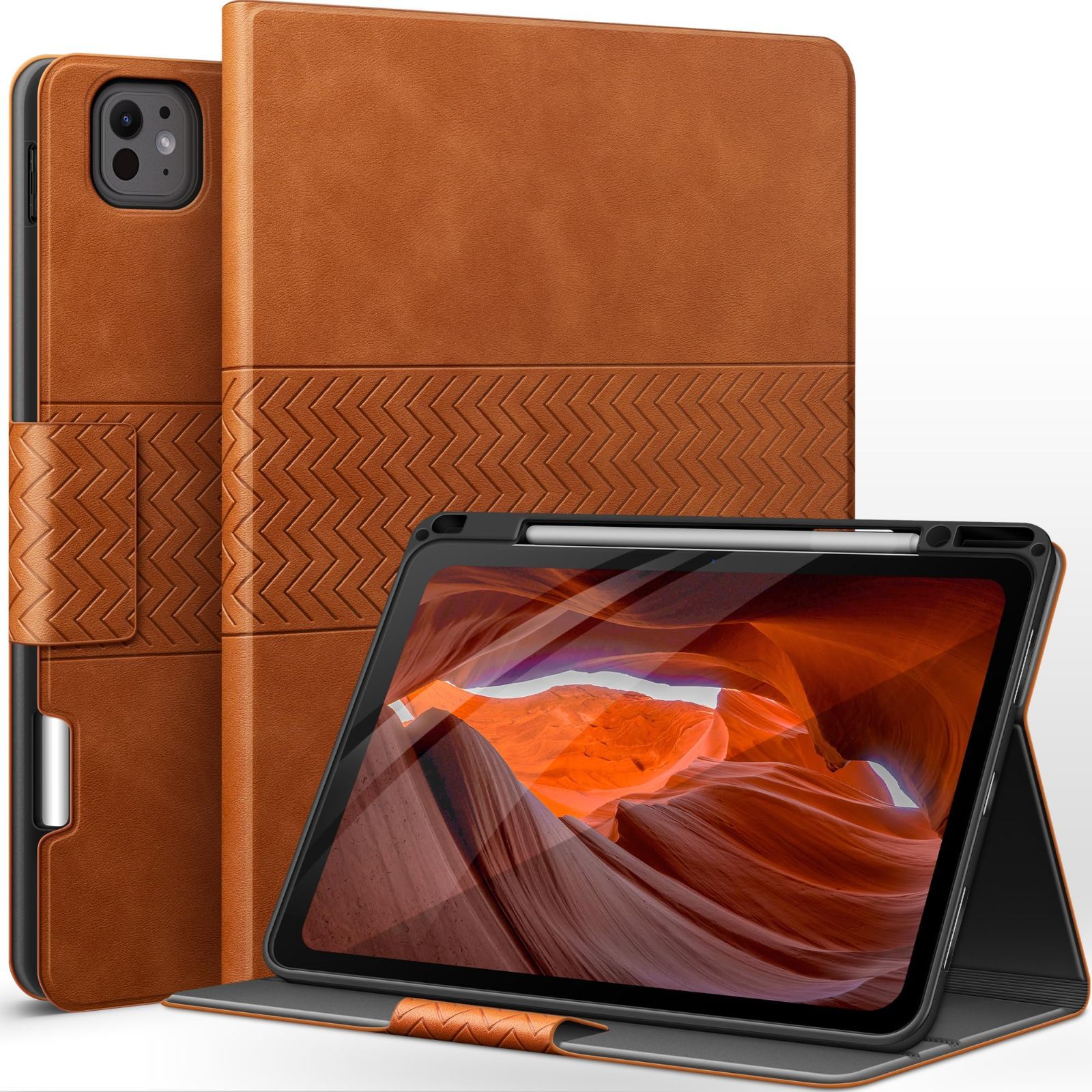 【新着商品】カバー 手帳型 (Brown) オートスリープ/ウェーク＆スタンド機能付き ひび割れ防止 耐衝撃 レザー PU Pro/USB-C完全対応 Pencil ペン収納 (2024)専用 M4 ケース 13インチ Pro iPad auaua