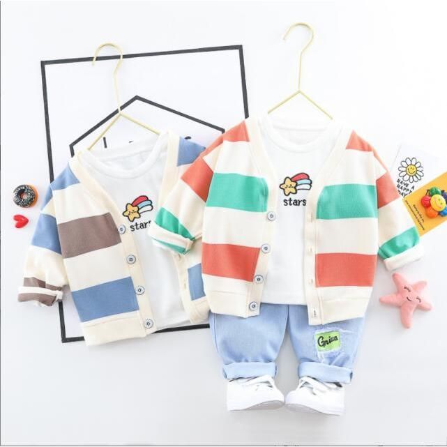 キッズ 子供服 レインボー ストライプ カーディガン デニム 赤ちゃん 男の子 ベビー 服 3点セット キッズ おしゃれ 入園式 入学式 七五三