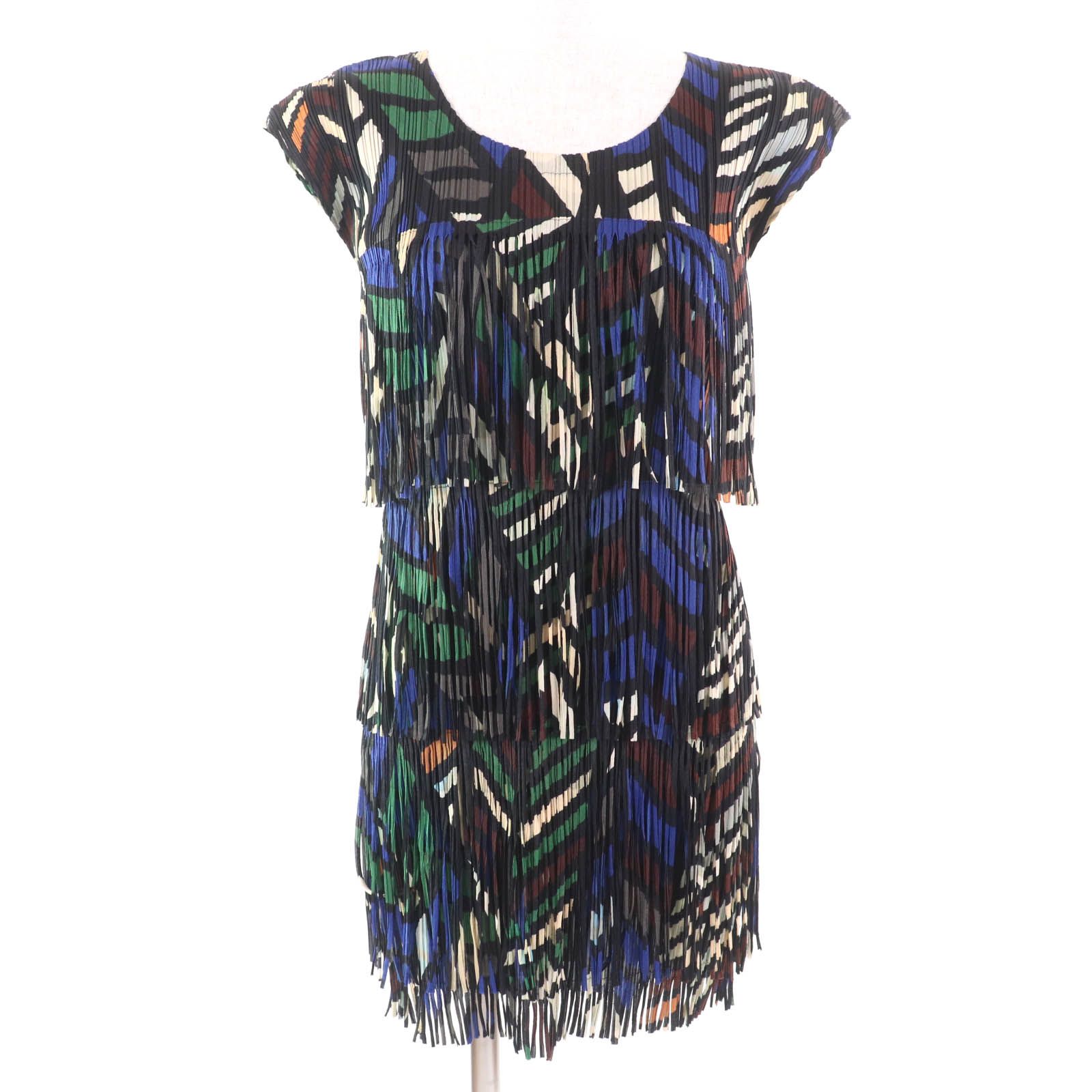 極美品★PLEATS PLEASE プリーツプリーズ イッセイミヤケ PP23-JT658 総柄 フリンジ フレンチスリーブ ワンピース チュニック マルチ 3 極美品☆PLEATS PLEASE プリーツプリーズ イッセイミヤケ PP23-JT658