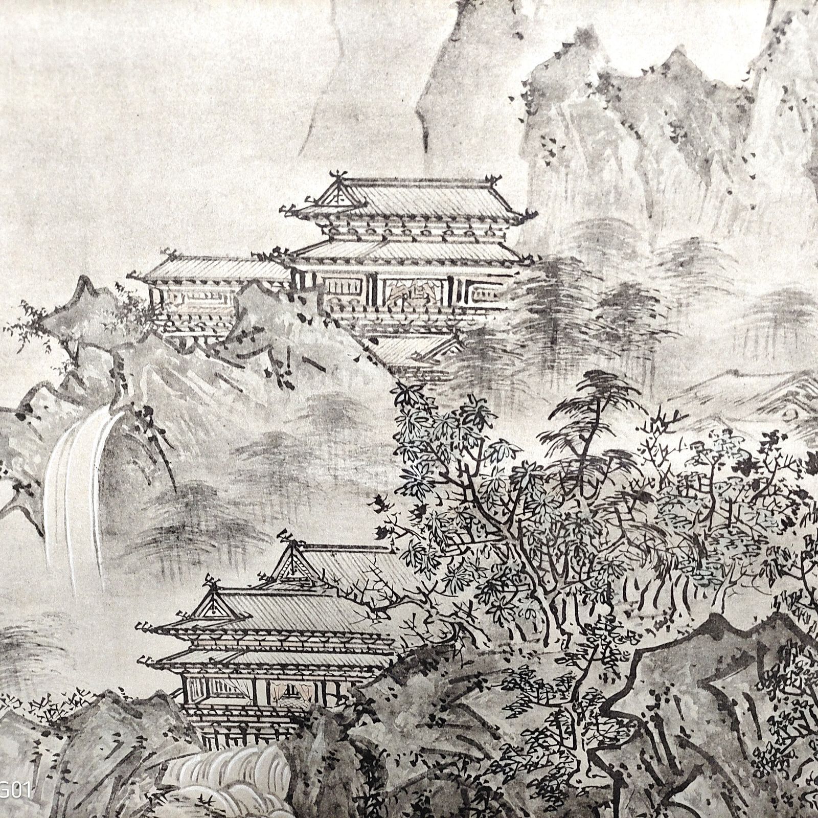 美品 2065 雪村 「夏冬山水図」 工芸印刷 絹本 日本画 掛軸 2本