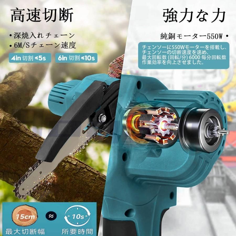 充電式チェーンソー小型電動のこぎり電動チェーンソー4インチ|6インチマキタバッテリー互換対応強力片手軽量家庭用木工切断枝切り伐採