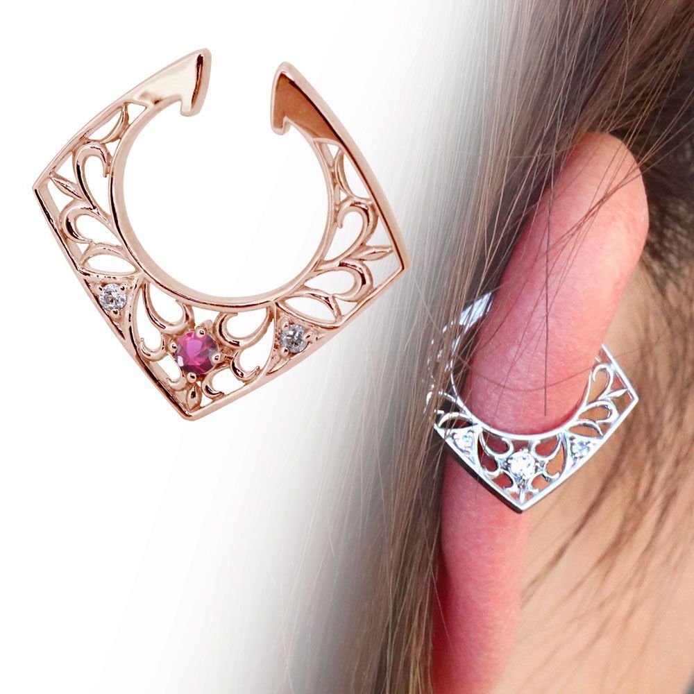 イヤーカフ 片耳用 レディース ルビー 10金 イヤカフ 7月誕生石 唐草 イヤリング【受注生産の為8～10営業日程度で発送】