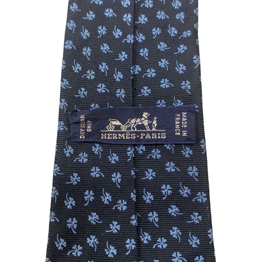 エルメス ネクタイ 総柄 クローバー柄 ネイビー系 メンズ シルク【AFI7