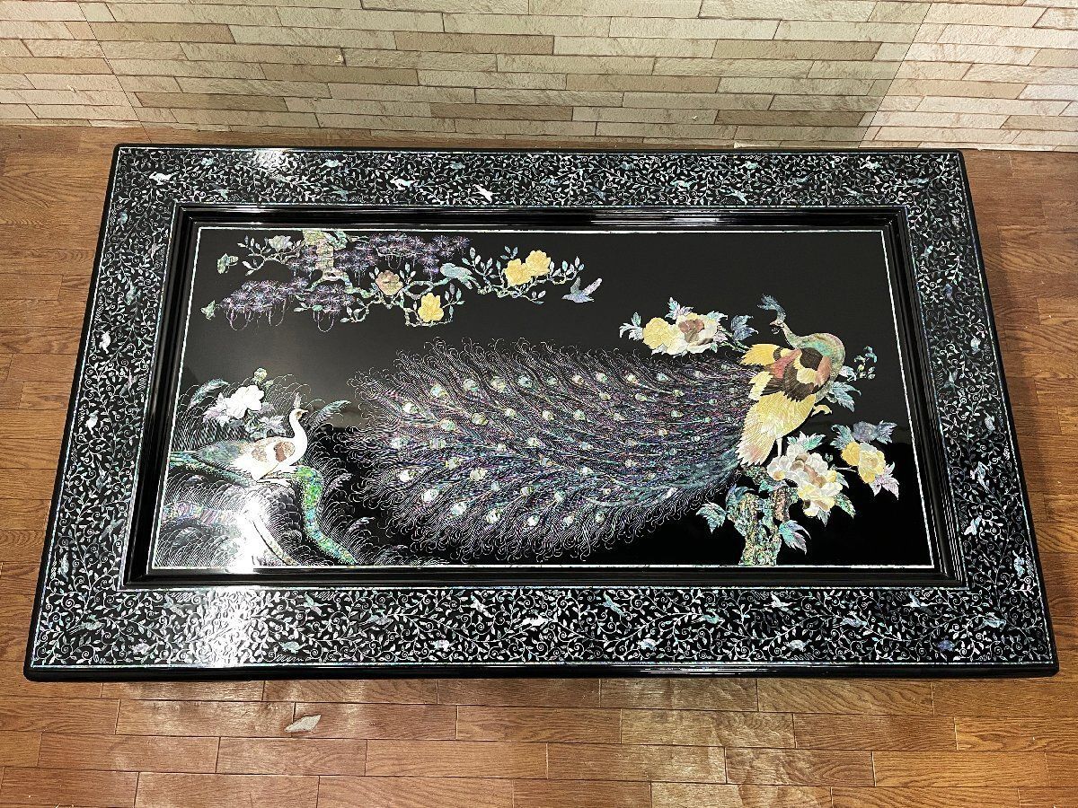 ●豪華 螺鈿細工 孔雀模様 座卓 座敷机 ローテーブル センターテーブル ガラス天板 黒漆塗 韓国 伝統工芸品 畑1120