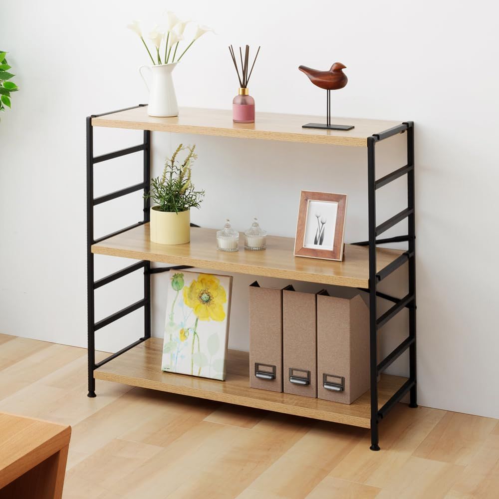 【人気商品】アイリスプラザ ラック 棚 収納 本棚 木製ラック 収納ラック 連結可能 スリム収納 隙間収納 木製棚板スチールラック 幅90×奥行40×高さ85cm 3段 オーク×ブラック MSRK-3OKBK