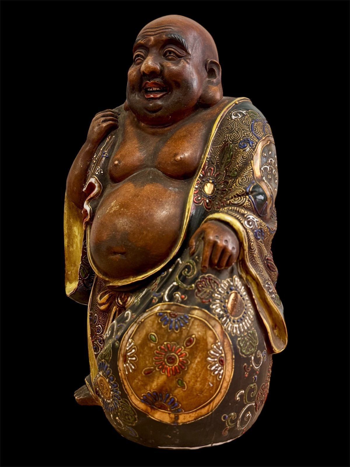 【流】九谷焼 特大布袋置物 CJ992 インテリア雑貨&frasl;八幡窯 七福神 布袋様 金彩色絵&frasl;置物