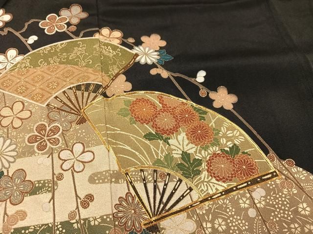 平和屋着物□豪華黒留袖 作家物 駒刺繍 扇面枝花文 金彩 やまと