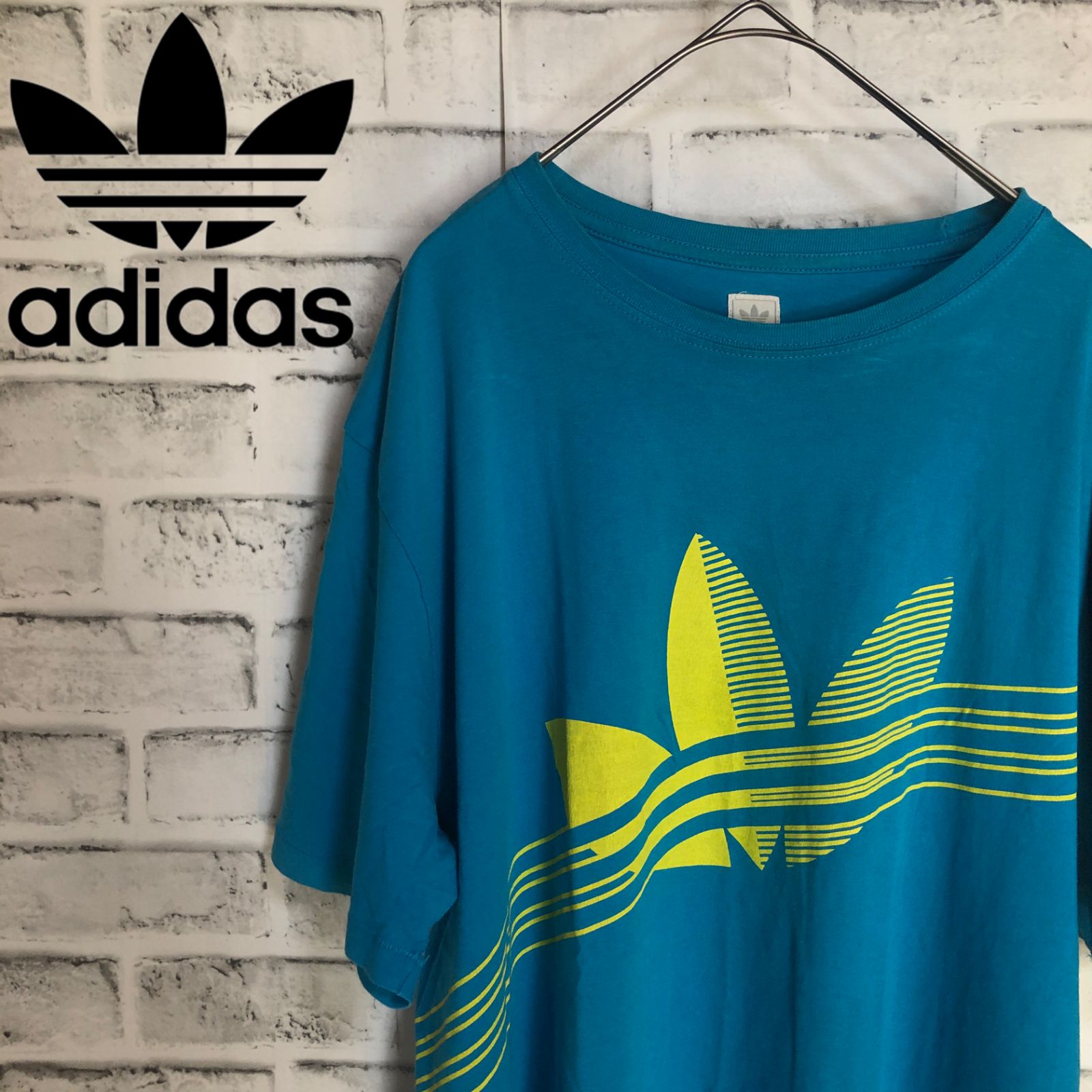 希少4XL⭐️00s adidas シャドービッグトレファイルロゴ Tシャツ ブルー×イエロー