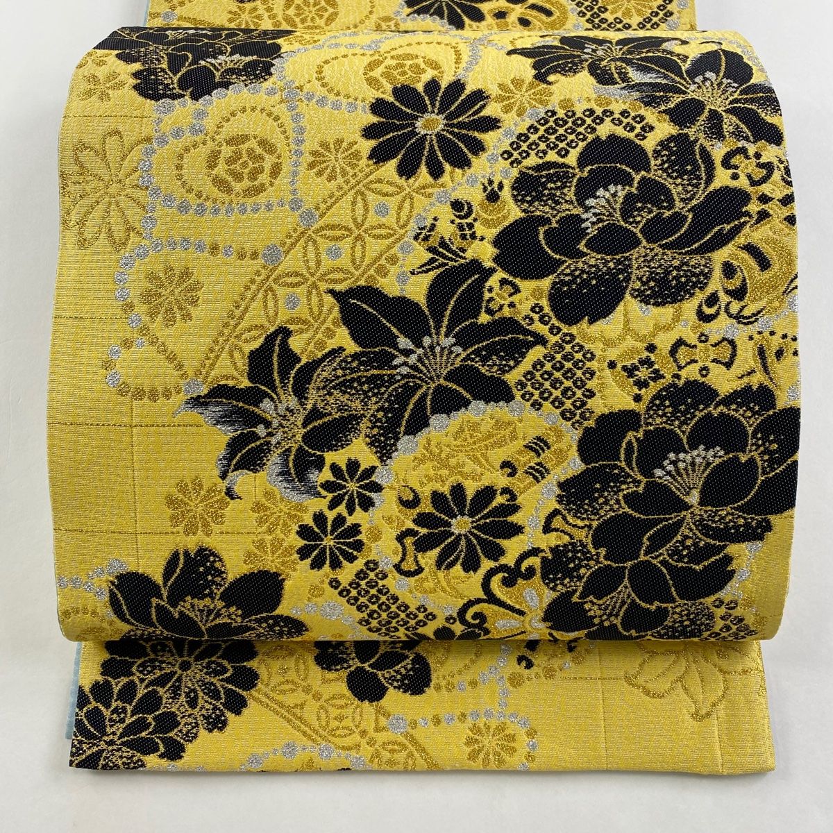 袋帯 美品 秀品 振袖向き 牡丹 格子 箔 ラメ 黄色 六通 正絹