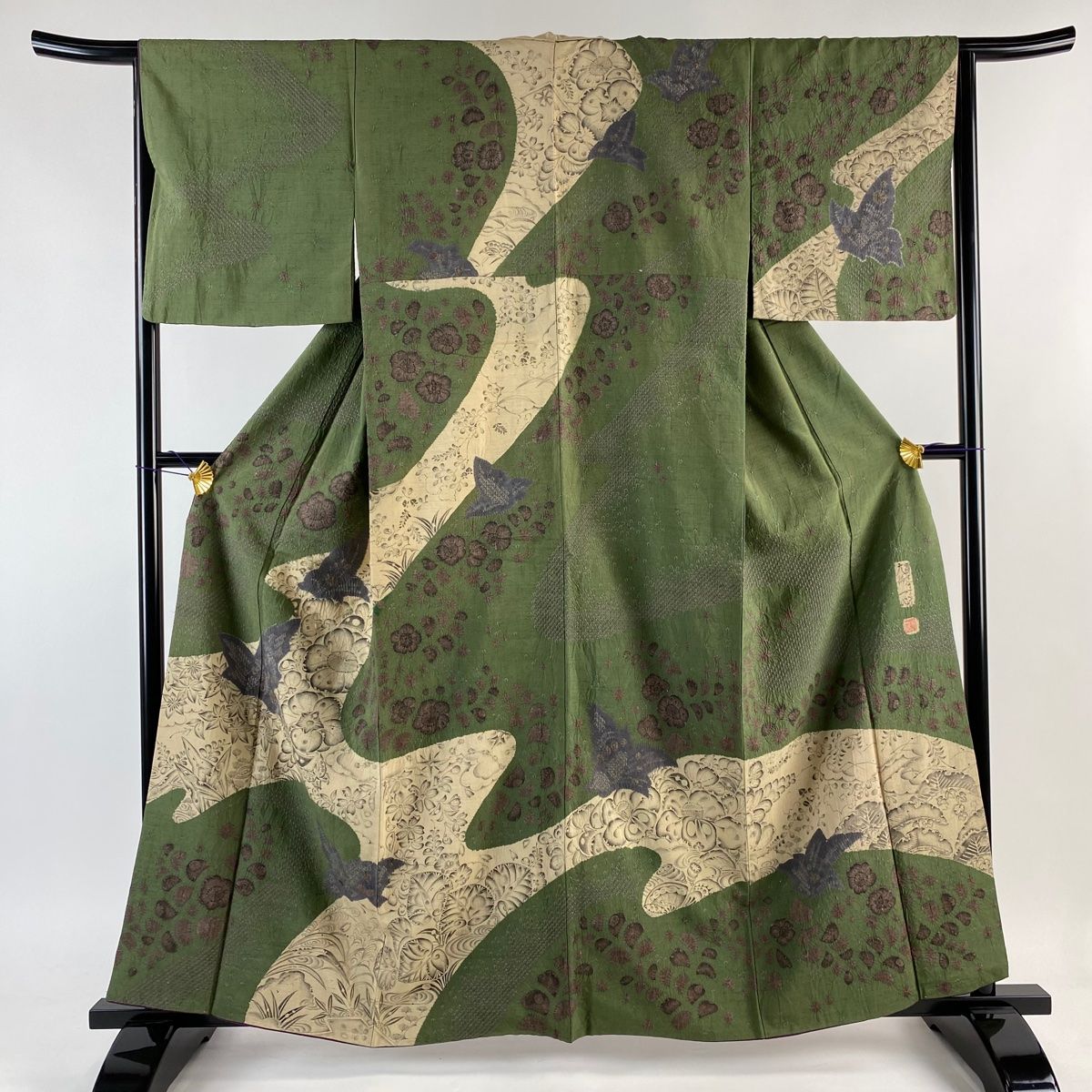 訪問着 身丈161cm 裄丈65cm M 袷 大脇一心 紬地 落款 辻が花 蝶