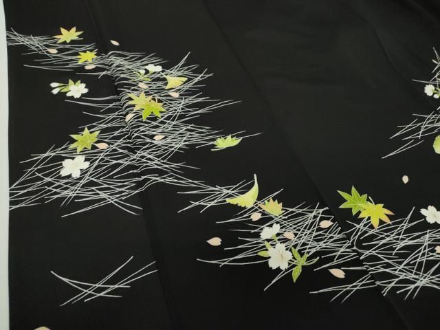 平和屋着物○訪問着 刺繍 吹き寄せ花文 黒地 金糸 正絹 逸品